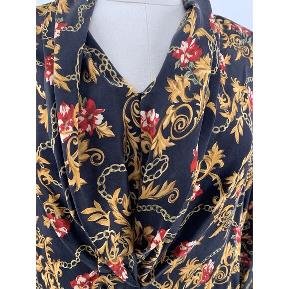Vintage Silk Blouse Black Gold Key Baroque Chain Floral Print Top Saks 12 - Picture 7 of 14